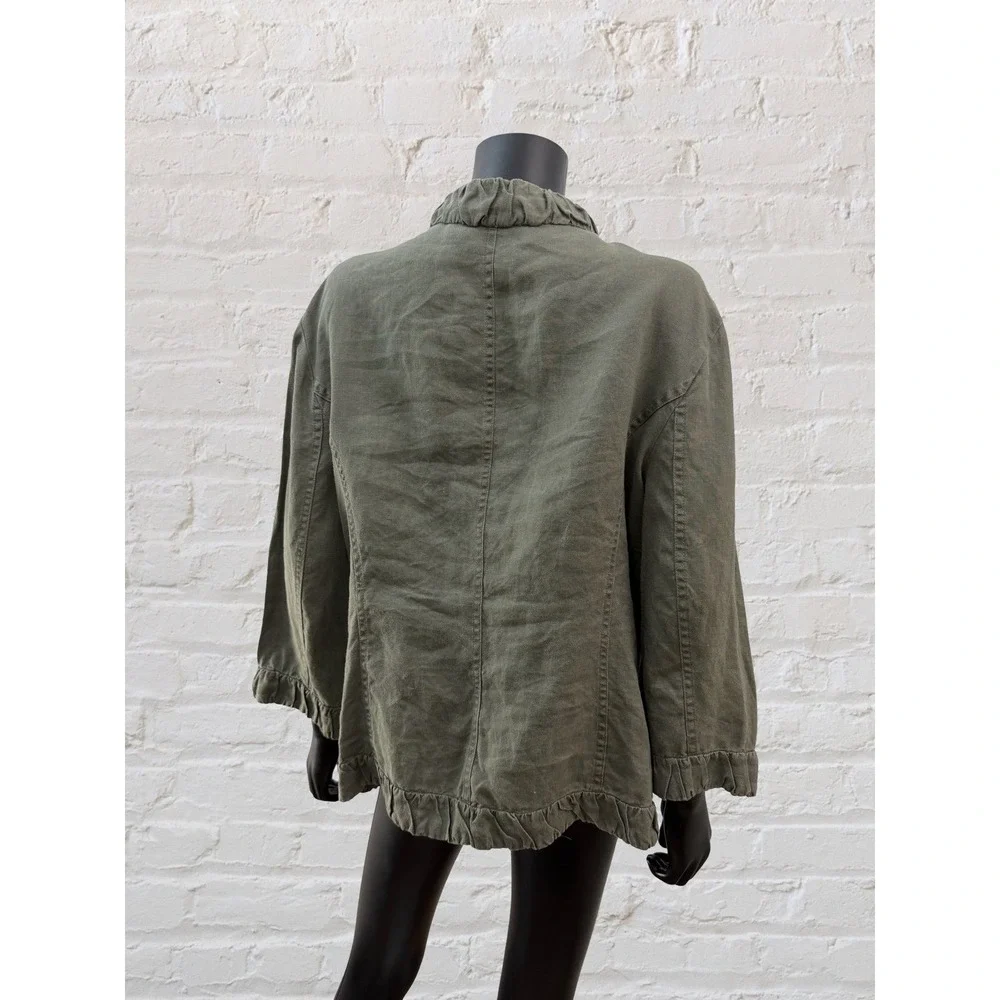 Chico's Linen Utility Jacket Olive Green Ruffle Hem Boho Large‎ XL